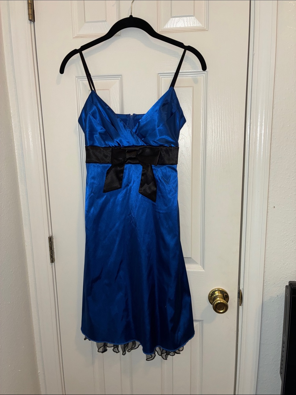 VINTAGE Royal blue Satin Spaghetti-Strap Dress with Bow